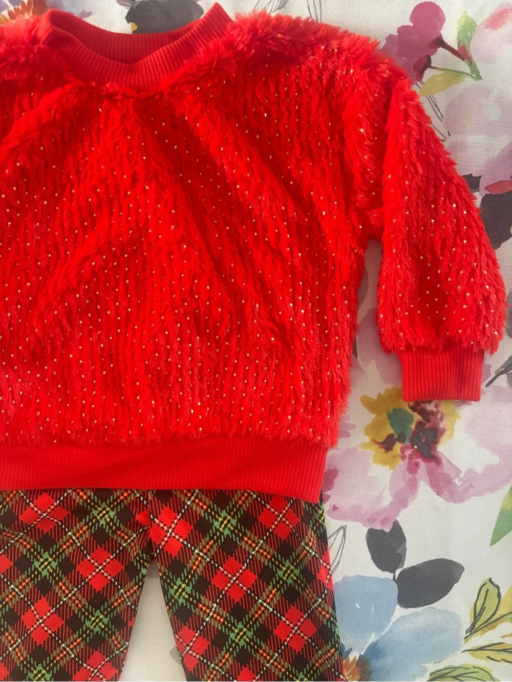 Red Fuzzy Sparkle Girls Sweater - Red and Green Plaid Pants